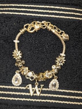 Gold Charm Bracelet with Crystal Teardrops and 'W' Initial NWOT